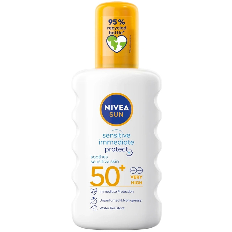 Se Nivea Sun Sensitive Protect & Soothing Spray SPF 50+ - 200 ml hos NiceHair.dk