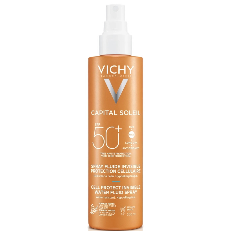 Se Vichy Capital Soleil Cell Protect Invisible Water Fluid Spray SPF 50+ - 200 ml hos NiceHair.dk