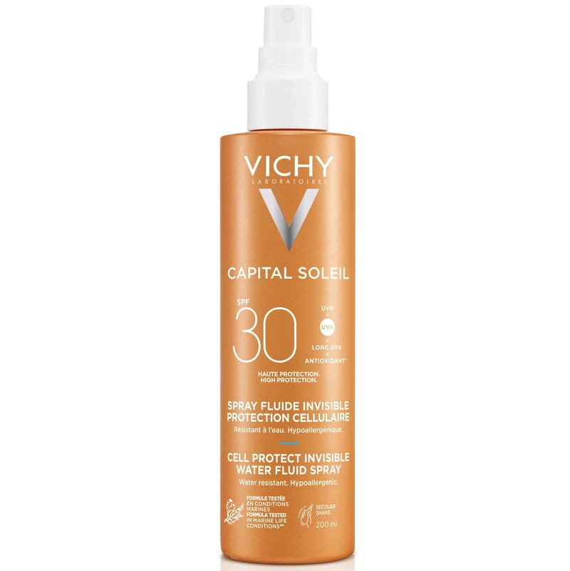 Se Vichy Capital Soleil Cell Protect Invisible Water Fluid Spray SPF 30 - 200 ml hos NiceHair.dk