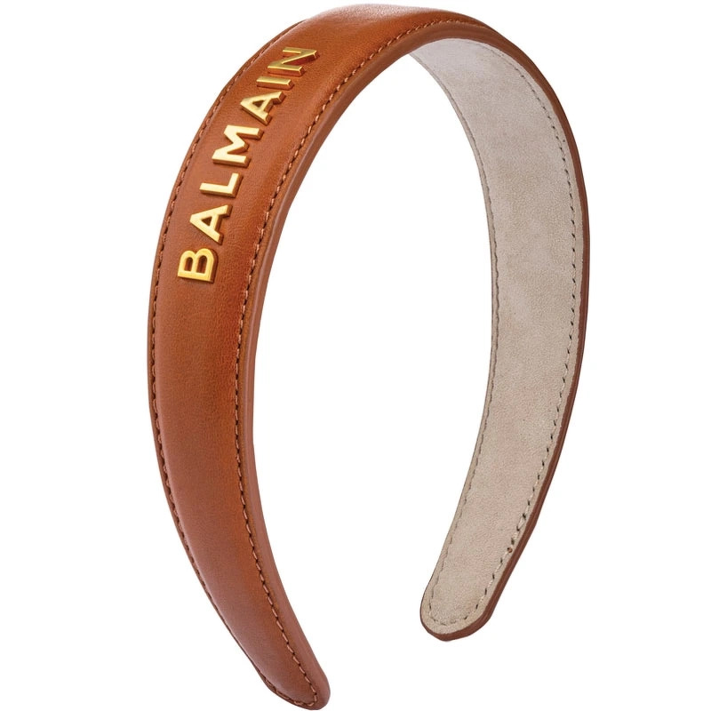 Balmain Accessories Leather Headband With Gold Logo 18k - Cognac thumbnail