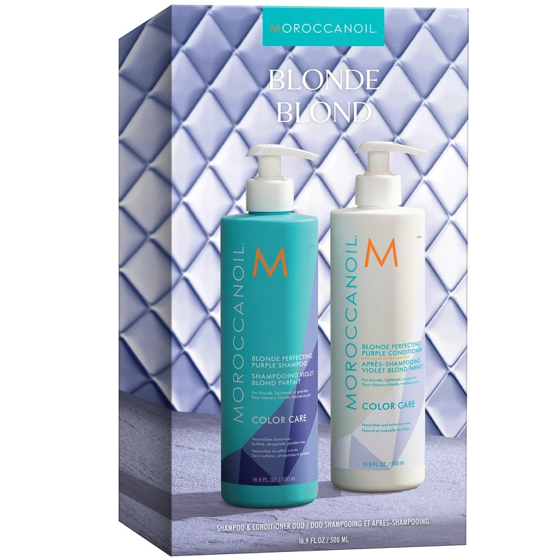 Se Moroccanoil Duo Box Blonde Shampoo + Conditioner 500 ml (Limited Edition) hos NiceHair.dk