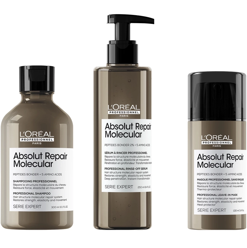 Se L'Oreal Professionnel Absolut Repair Molecular Shampoo, Rinse-Out Serum & Leave-In hos NiceHair.dk