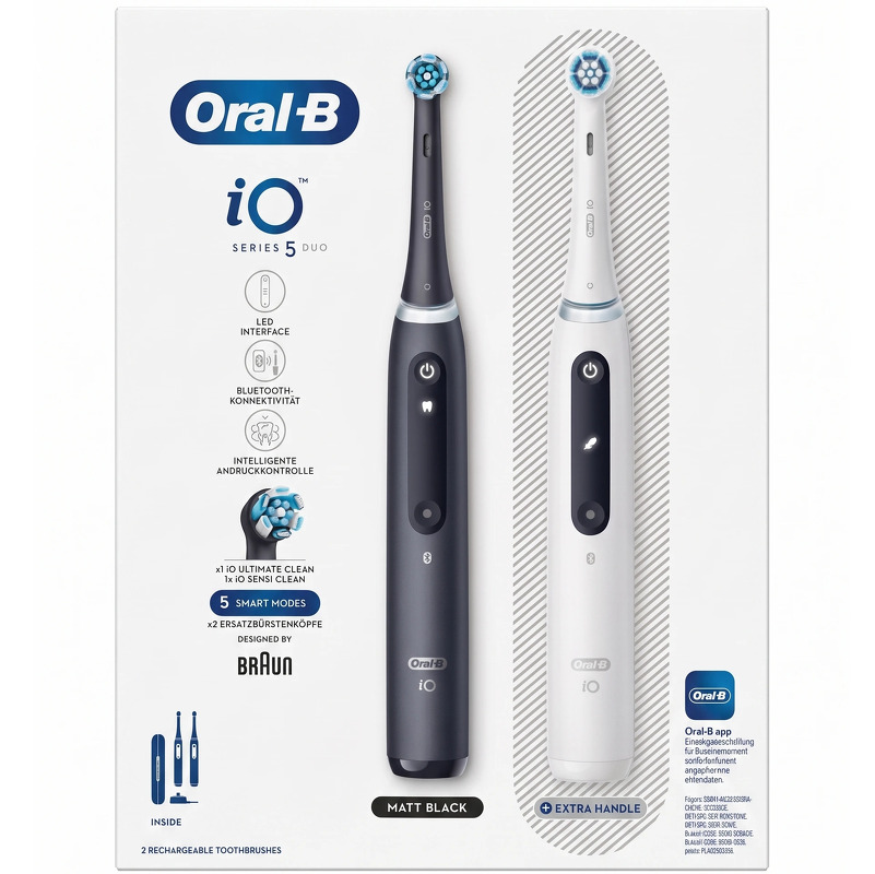 Oral B iO 5 black and white electric toothbrushes Designed by Braun
