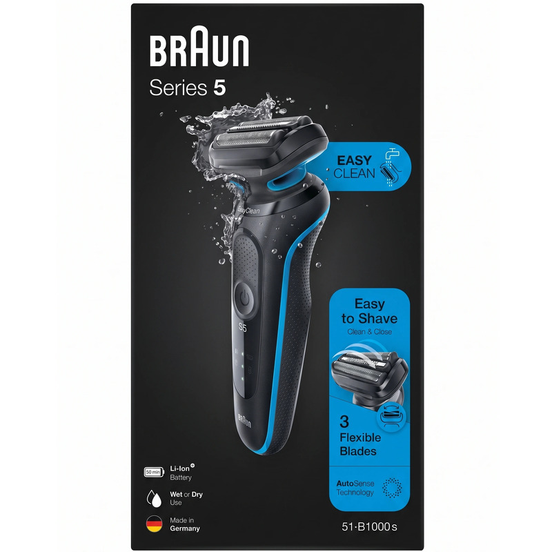 Braun 51-B1000s, Folie shaver, Sort, Blå, Sort, Strøm, Vekselstrøm/batteri, Lithium-Ion (Li-Ion)