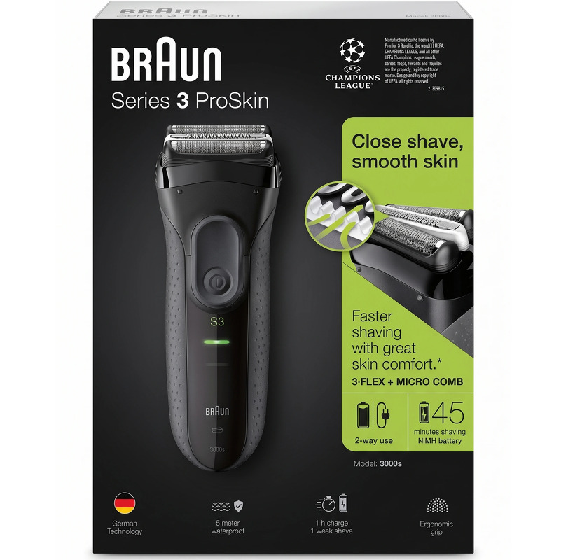 Braun Series 3 3000s - folieskraber - 2 SensoFoil - sort - LED - strøm - AC/batteri (3000s)