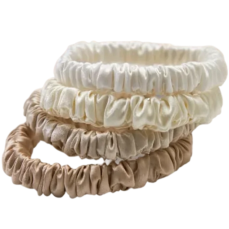 Lenoites Mulberry Silk Skinny Scrunchies - White, cream white, beige, light brown