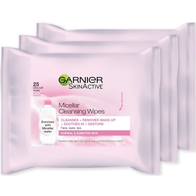 3 x Garnier Skinactive Cleansing Micellar Wipes Sensitive Skin 25 Wipes thumbnail
