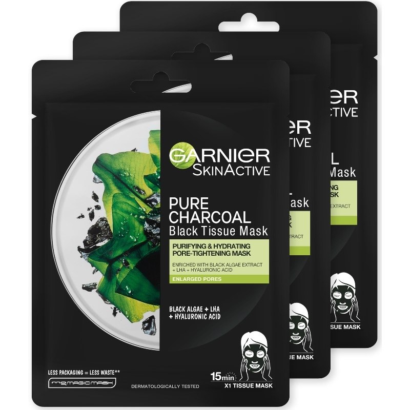 3 x Garnier Skinactive Face Pure Charcoal Black Tissue Mask Black Algae 28 gr. thumbnail